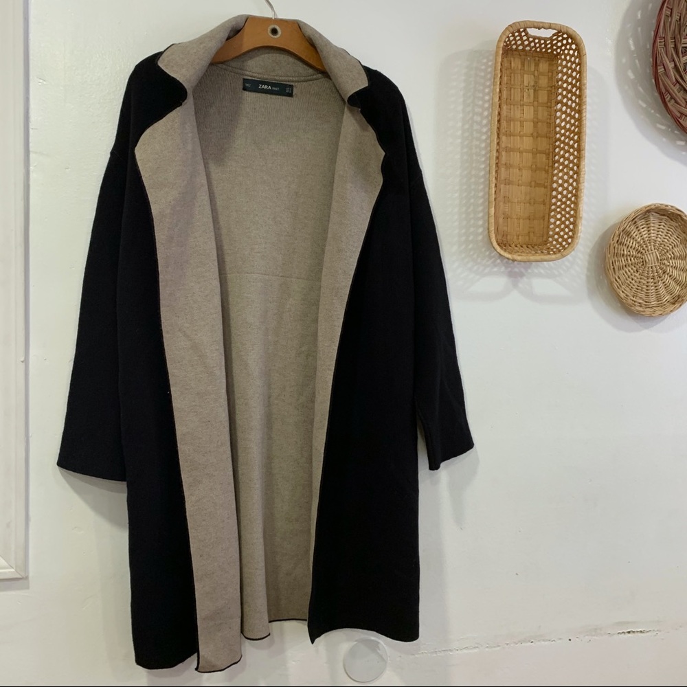 Zara Knit Long Cardigan Open Front Lapel Sweater - Picture 2 of 8